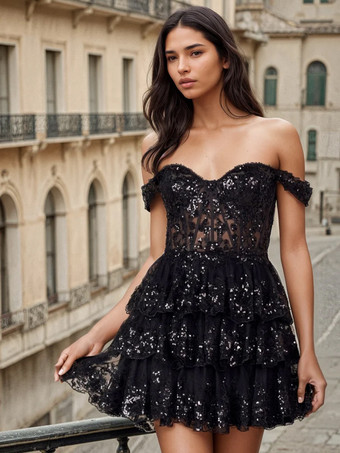 ブラックホームカミングドレス ショート ショート スウィートハートネック カットアウト レース
