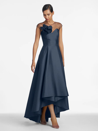 ダークネイビーブライダルマザードレス イリュージョンネックライン ノースリーブ Aライン プリーツ ウェディングゲストドレス