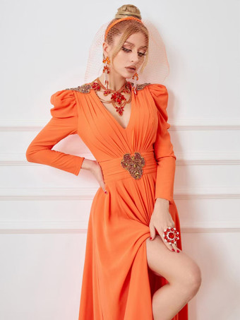 ブライダルマザードレス Vネック ロングスリーブ ボールガウン プリーツ トレーン付き ウェディングゲストドレス