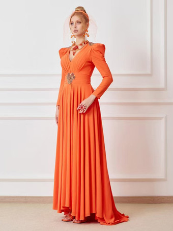 ブライダルマザードレス Vネック ロングスリーブ ボールガウン プリーツ トレーン付き ウェディングゲストドレス