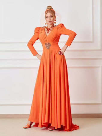 ブライダルマザードレス Vネック ロングスリーブ ボールガウン プリーツ トレーン付き ウェディングゲストドレス