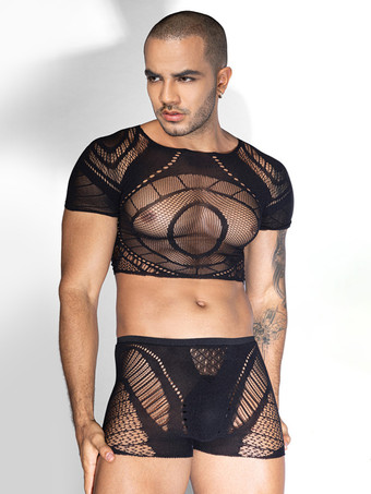 SchwarzMänner Sexy Kostüm Halloween Hosen Top Durchsichtig Mesh Nachtclub Tragen