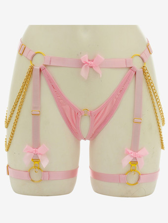 ピンク女性用ハーネス 蝶結び レッグチェーンベルト フルケージ ガーターベルト