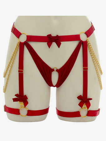 ワインレッド 女性用ハーネス 蝶結び レッグチェーンベルト フルケージ ガーターベルト