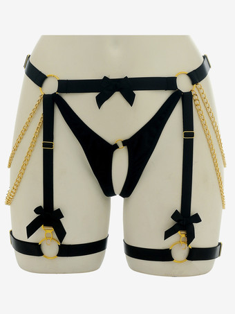 ブラック 女性用ハーネス 蝶結び レッグチェーンベルト フルケージ ガーターベルト