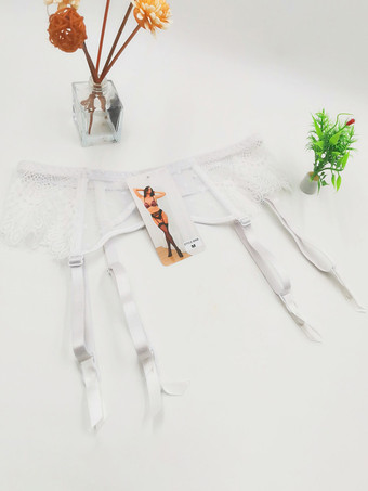 ホワイト レースメッシュ刺繍セクシー調節可能滑り止めメタルバックルガーターベルト