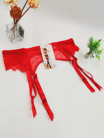 レッド レースメッシュ刺繍セクシー調節可能滑り止めメタルバックルガーターベルト