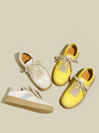 Damen Casual Sneakers Gelb Runde Zehen Schnürung Skate Sneakers