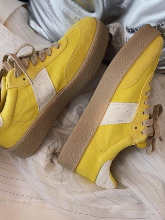 Damen Casual Sneakers Gelb Runde Zehen Schnürung Skate Sneakers