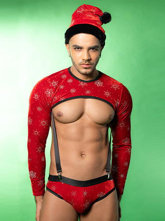 レッド 長袖メンズセクシーコスチューム帽子パンツトップナイトクラブウェア