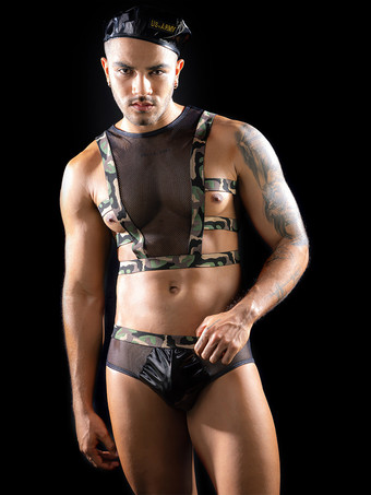 ブラック メンズ セクシー コスチューム 帽子 トップ パンツ シースルー ナイトクラブウェア