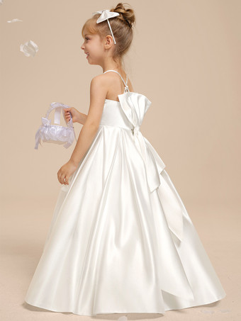 ホワイトフラワーガールドレス アイボリーサテン生地 ノースリーブ Vネックフラワーガールドレス