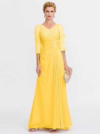 AmarilloVestido de fiesta para madre de la novia escote en V media manga tubo plisado largo hasta el suelo vestidos de invitada para boda
