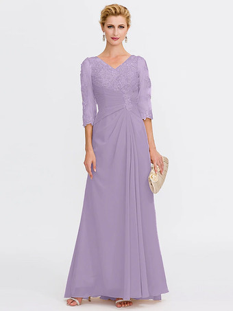 LavandaVestido de fiesta para madre de la novia escote en V media manga tubo plisado largo hasta el suelo vestidos de invitada para boda