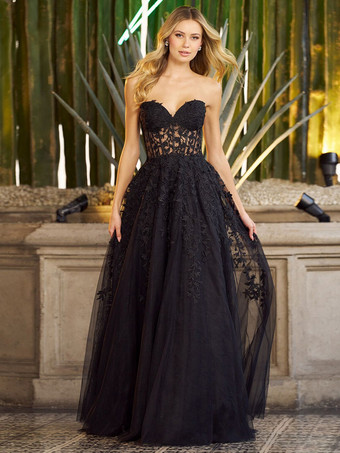 ブラック魅力的なホームカミングドレス フロアレングス ボールガウン スウィートハートネック レース