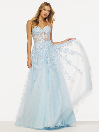 ベビーブルー魅力的なホームカミングドレス フロアレングス ボールガウン スウィートハートネック レース