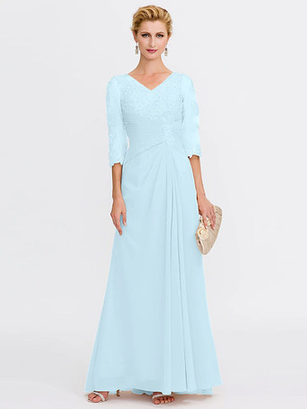 celeste Vestido de fiesta para madre de la novia escote en V media manga tubo plisado largo hasta el suelo vestidos de invitada para boda