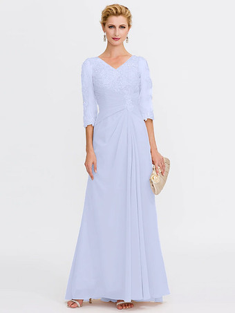 Azul ClaroVestido de fiesta para madre de la novia escote en V media manga tubo plisado largo hasta el suelo vestidos de invitada para boda