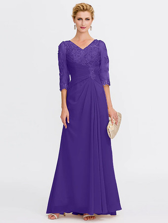 MoradoVestido de fiesta para madre de la novia escote en V media manga tubo plisado largo hasta el suelo vestidos de invitada para boda