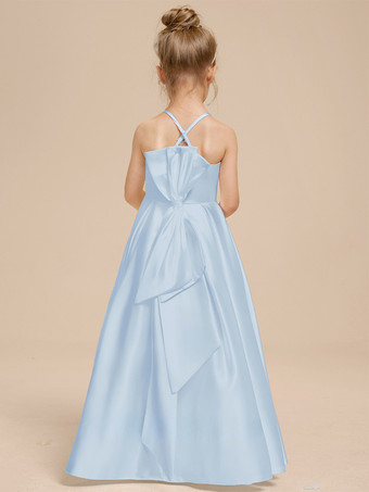 ホワイトフラワーガールドレス アイボリーサテン生地 ノースリーブ Vネックフラワーガールドレス