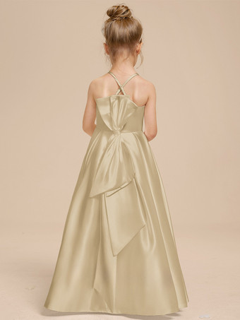 ホワイトフラワーガールドレス アイボリーサテン生地 ノースリーブ Vネックフラワーガールドレス