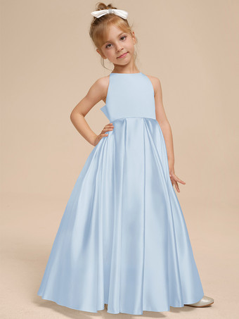 ライトスカイブルーホワイトフラワーガールドレス アイボリーサテン生地 ノースリーブ Vネックフラワーガールドレス