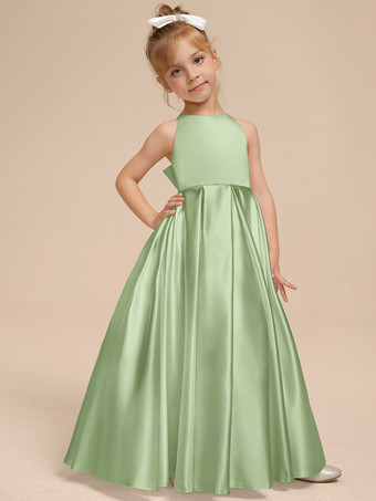 セージグリーンホワイトフラワーガールドレス アイボリーサテン生地 ノースリーブ Vネックフラワーガールドレス