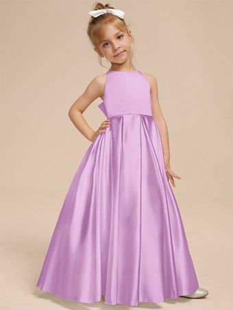 ラベンダーホワイトフラワーガールドレス アイボリーサテン生地 ノースリーブ Vネックフラワーガールドレス