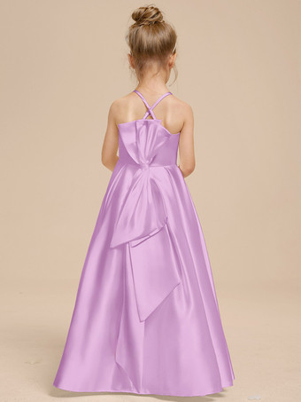 ホワイトフラワーガールドレス アイボリーサテン生地 ノースリーブ Vネックフラワーガールドレス