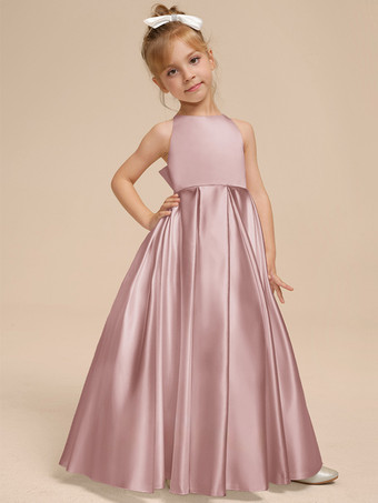 カメオピンクホワイトフラワーガールドレス アイボリーサテン生地 ノースリーブ Vネックフラワーガールドレス