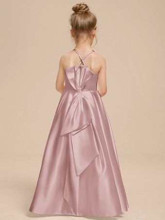 ホワイトフラワーガールドレス アイボリーサテン生地 ノースリーブ Vネックフラワーガールドレス