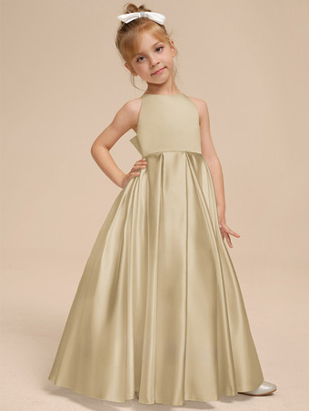 シャンパンカラーホワイトフラワーガールドレス アイボリーサテン生地 ノースリーブ Vネックフラワーガールドレス