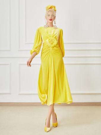 Narzissengelb   Partykleid für die Mutter der Braut Rundhalsausschnitt 3/4-Ärmel Ballkleid Blumen wadenlanges Gästekleid für die Hochzeit