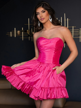 Con vestido de fiesta corto sin tirantes con lazos de poliéster