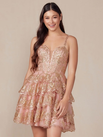 ダークピンクホームカミングドレス付き ショート丈 ネックラインにスパンコール