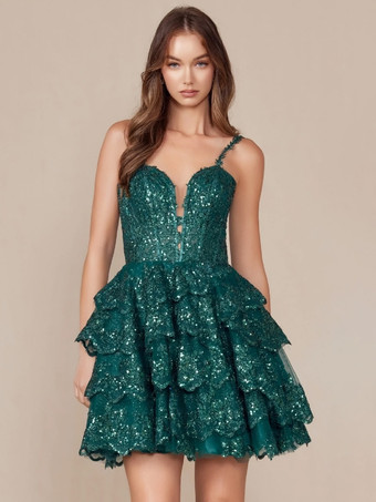 グリーン ホームカミングドレス付き ショート丈 ネックラインにスパンコール