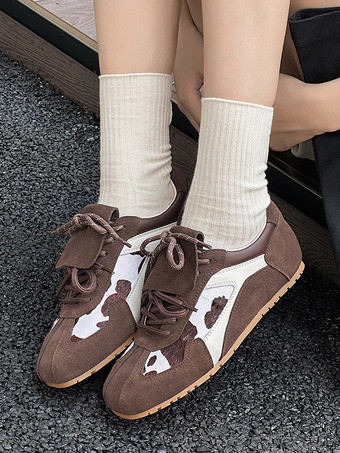 ブラウン カーキ マイクロスエードアッパー ラウンドトゥ 0.6インチ レディース スニーカー カジュアルシューズ