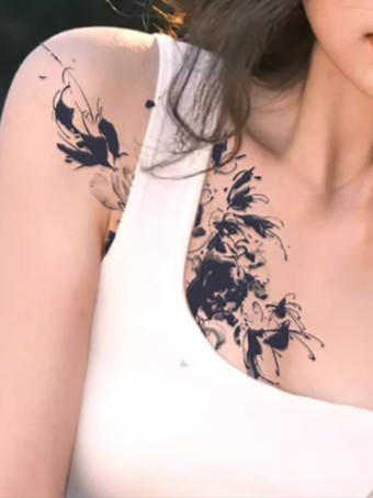 negro Pegatina de tatuaje de ramillete sexy para clavícula pecho y hierbas semipermanente