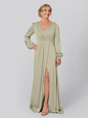 セージグリーン花嫁の母親のためのパーティードレス Vネック 長袖 Aライン プリーツ トレーン付き 結婚式用ゲストドレス