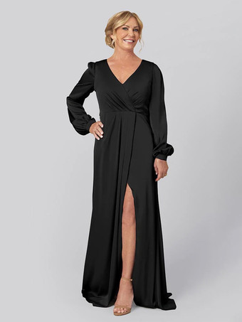 ブラック花嫁の母親のためのパーティードレス Vネック 長袖 Aライン プリーツ トレーン付き 結婚式用ゲストドレス