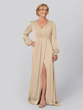 シャンパン花嫁の母親のためのパーティードレス Vネック 長袖 Aライン プリーツ トレーン付き 結婚式用ゲストドレス