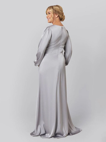 花嫁の母親のためのパーティードレス Vネック 長袖 Aライン プリーツ トレーン付き 結婚式用ゲストドレス