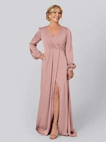 ソフトピンク花嫁の母親のためのパーティードレス Vネック 長袖 Aライン プリーツ トレーン付き 結婚式用ゲストドレス