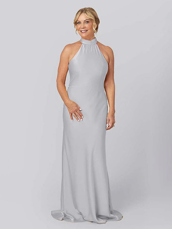 ライトグレーマザードレス ホルター ノースリーブ シース カットアウト フロアレングス ゲストドレス 結婚式用