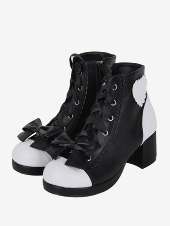 ブラック ゴシックロリータブーツ PUレザー 花柄プリント リベット オープントゥ ブラック ロリータ フットウェア