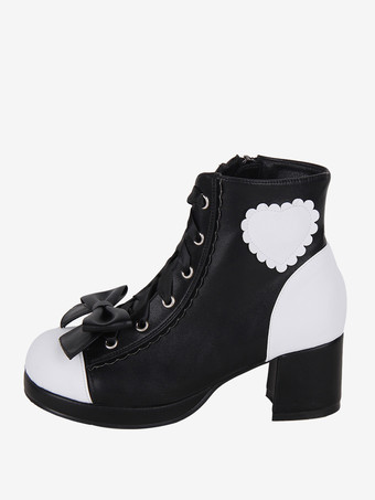 ゴシックロリータブーツ PUレザー 花柄プリント リベット オープントゥ ブラック ロリータ フットウェア