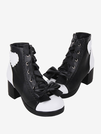 ゴシックロリータブーツ PUレザー 花柄プリント リベット オープントゥ ブラック ロリータ フットウェア