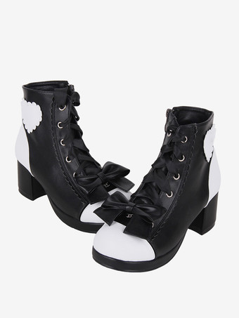 ゴシックロリータブーツ PUレザー 花柄プリント リベット オープントゥ ブラック ロリータ フットウェア