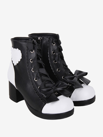 ゴシックロリータブーツ PUレザー 花柄プリント リベット オープントゥ ブラック ロリータ フットウェア