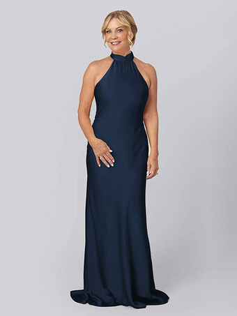 ダークネイビーマザードレス ホルター ノースリーブ シース カットアウト フロアレングス ゲストドレス 結婚式用